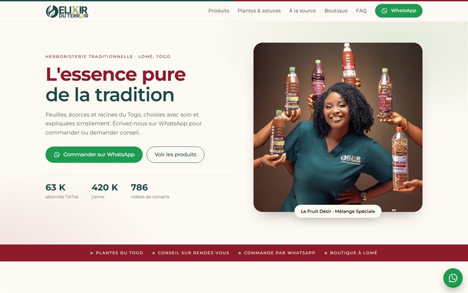 Capture du site Élixir du Terroir : logo, slogan « L’essence pure de la tradition » et photo des préparations de la marque
